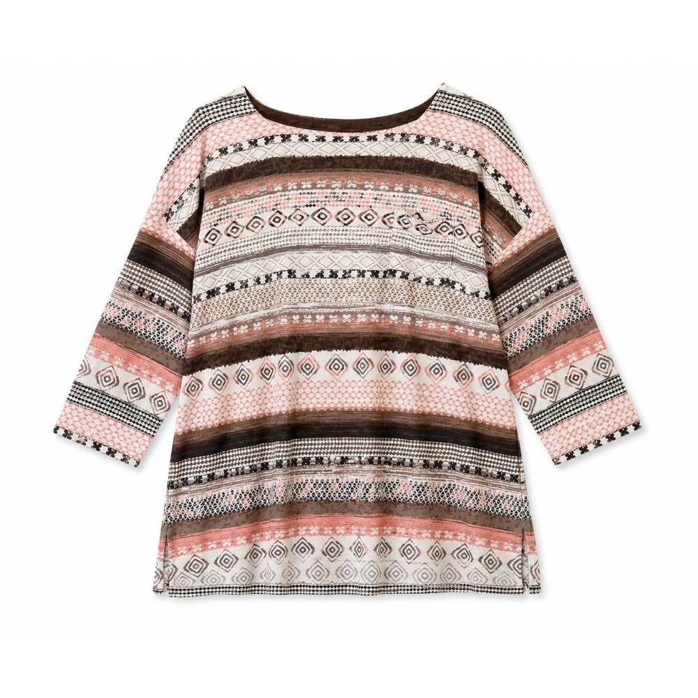 Sonoma Life Style Womens Blouse Top Pink Brown‎ Aztec Print 3/4 Sleeve Size L